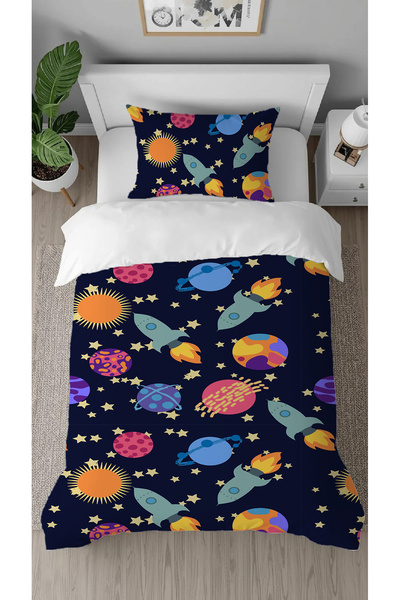 GREENDECOR Space Star Moon Planet Patterned Printed Specially Designed Colorful Style Stylish Children's Duvet Cover Set Without Sheets
