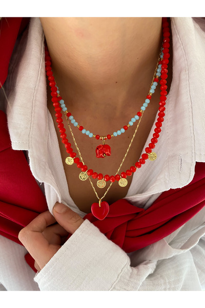 Lucky Designs Seramik Kırmızı Fil Sallantı Kolye Seti/ Çoklu Set Kolye/Üçlü S...