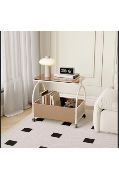 Razo portable storage table – glass top, metal frame, 360° wheels, modern design (New)