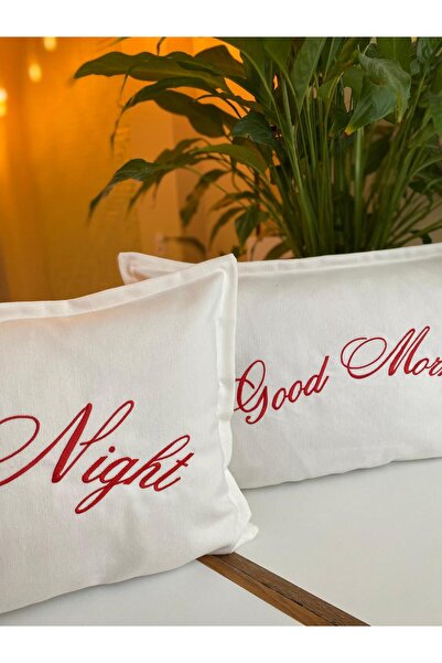 RahanDesign Good Morning - Good Night Written Embroidered 2-Piece Throw Pillow Cover Set - Dowry Throw Pillow Cover
