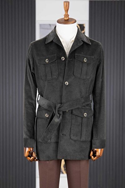 HC MEN CLASSIC Erkek Modern Fit Safari Tarz Ceket Yaka Trençkot Kuşaklı Kadif...