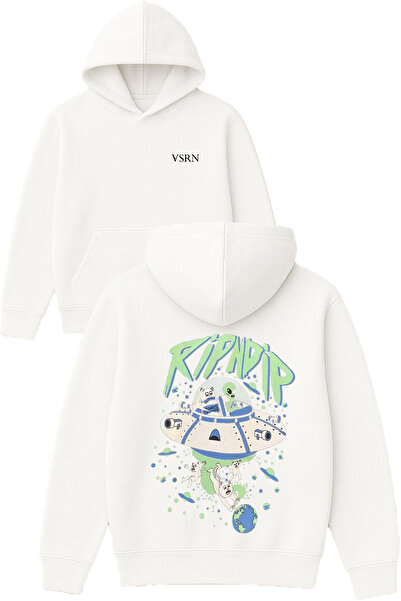VSRN رينديب ديزاين مطبوع قصة فضفاضة سويت شيرت أبيض بغطاء رأس