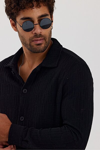 İLKCET MODA Черна жакардова мъжка риза с редовни мотиви