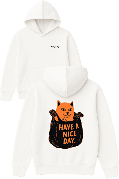 VSRN Have a Nice Day Design Printed Oversized White Hooded Sweatshirt