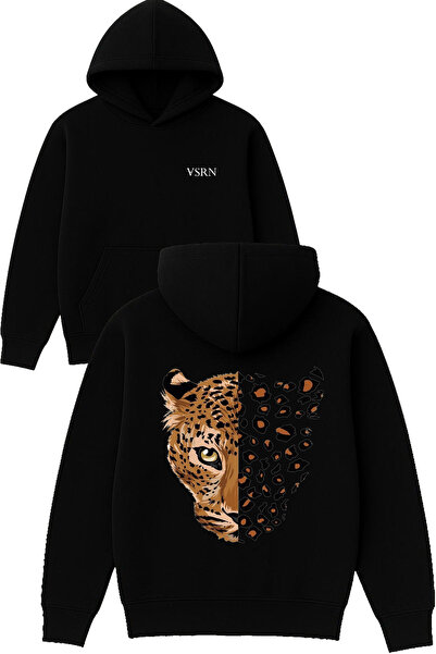 VSRN Hanorac negru supradimensionat cu glugă, cu imprimeu leopard și design c...