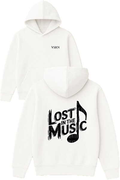 VSRN Lost in the Music Hanorac alb supradimensionat cu glugă și imprimeu
