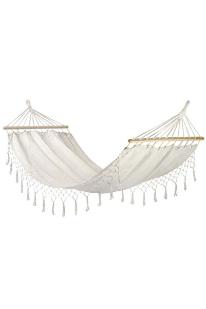 buz Double hammock with fringes, wooden frame, for garden or yard, cream, 140 x 200 cm