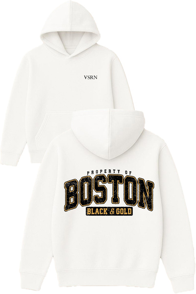 VSRN Hanorac cu glugă alb supradimensionat, cu imprimeu Boston Black Gold Design