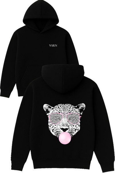 VSRN Hanorac negru supradimensionat cu glugă, cu imprimeu Gummy Leopard Design