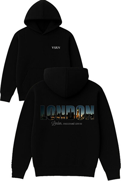 VSRN Hanorac negru supradimensionat cu glugă și imprimeu design, „London are ...