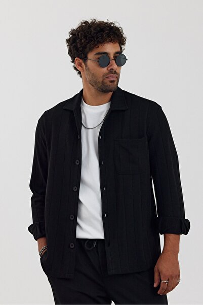 İLKCET MODA Men's Black Regular Shirt with Front Pocket