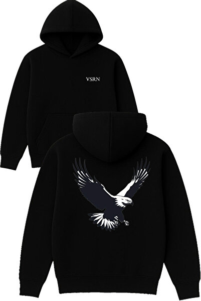VSRN Hanorac negru supradimensionat cu glugă, cu imprimeu Big Eagle Design