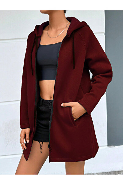 Mood Lab BORDO KAPŞONLU FERMUARLI UZUN KALIN OVERSIZE ÖRME HIRKA SWEATSHIRT