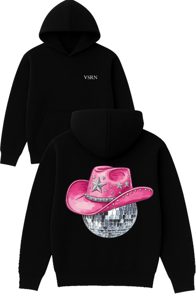 VSRN قبعة رعاة البقر ديسكو بول تصميم مطبوع قصة فضفاضة أسود بغطاء رأس سويت شيرت