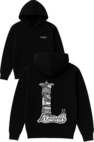 VSRN لوكسمبورغ سيتي ديزاين مطبوع قصة فضفاضة سويت شيرت أسود بغطاء رأس