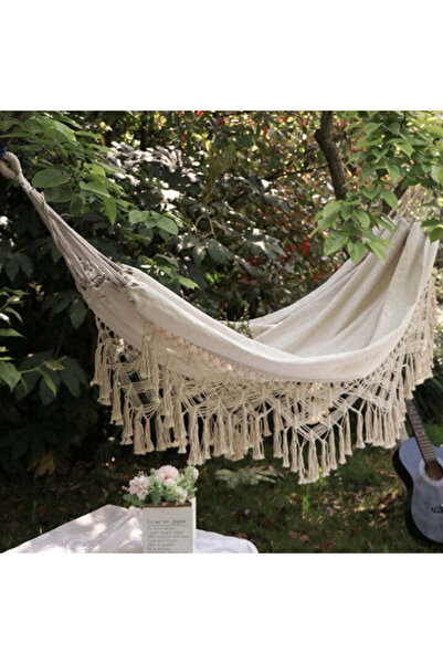 buz Double Cotton Hammock with Fringes, Carrying Pouch and Ropes, 200 x 150 cm