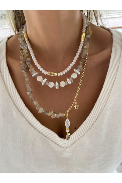 Lucky Designs Gold Doğal Taş Detay Üçlü Set Kolye/ Kadın Çoklu Set Kolye