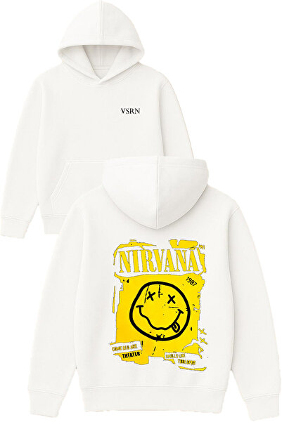 VSRN تصميم ملصق نيرفانا مطبوع قصة فضفاضة سويت شيرت أبيض بغطاء رأس