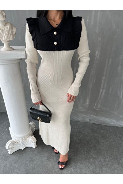 GİYSİ DÜNYASI 57 Triko Fabric Pola Collar Full-Length Dress