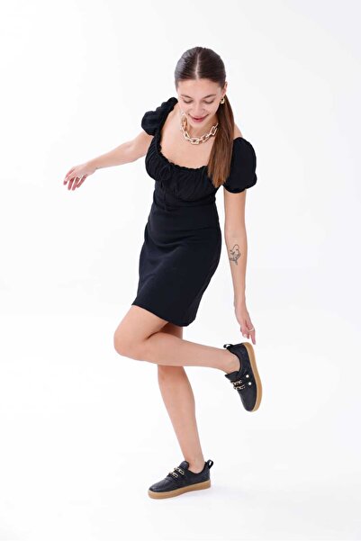 RASEAL SHOES Kadın Sneaker Rahat Altın Renkli Zincir ve İnci Detaylı Cırtlı Spor Ayakkabı Siyah