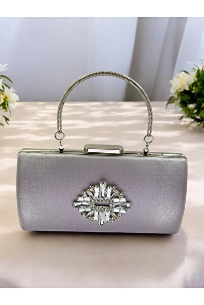 Biçanta Silver Grey Crystal Stone Satin Evening Dress Bag, Elegance with Metal Handle