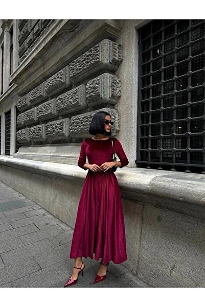 Be Best Kadın Bordo Prenses Kol Sırtı Fiyonklu Kadife Maxi Elbise BE183