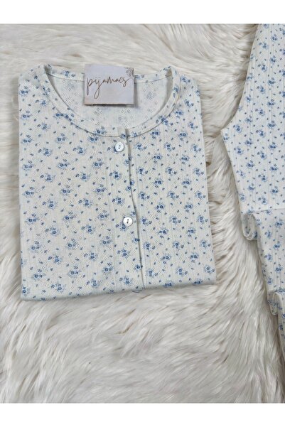 Pijamacs Beyaz Üzeri Mavi Çiçek Desenli Ajurlu/Delikli Önden Düğmeli Uzun Kol Pijama Takımı