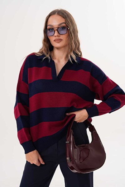 Laressi Pulover tricotat cu guler polo cu dungi late