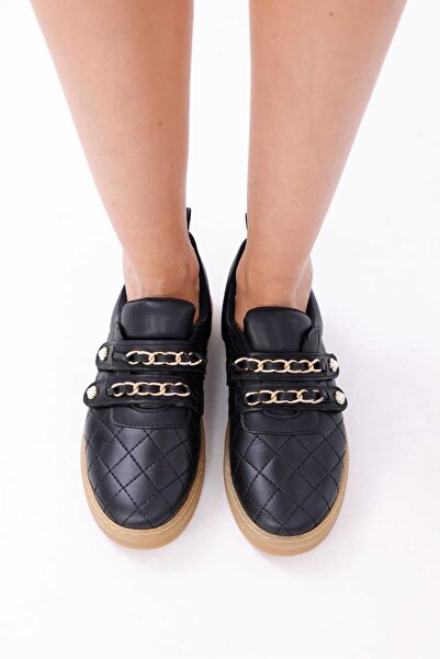 RASEAL SHOES Kadın Sneaker Rahat Altın Renkli Zincir ve İnci Detaylı Cırtlı Spor Ayakkabı Siyah