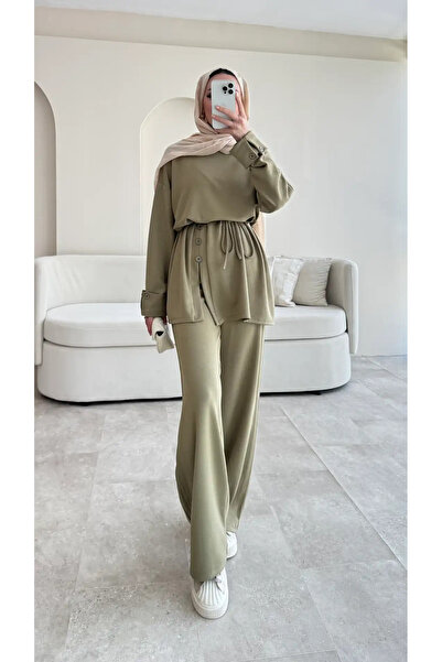 RFK Butik Women's Side Buttoned Belted Trouser Suit - Khaki