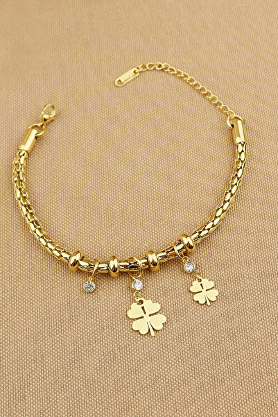 Keyifli Hayaller Çelik Bileklik - Zirkon Taşlı 4 yapraklı Yonca 316L Çelik Kararmaz Trend Çelik Bileklik 17+5 cm