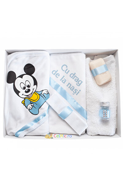 OEM Set botez personalizat cu 6 piese „Cu dragoste de la nași” - Mickey Mouse - Alb-Albastru