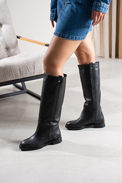 FSKOMBİN Floor Siyah Hakiki Süet Kalın Düz Taban Kadın Çizme