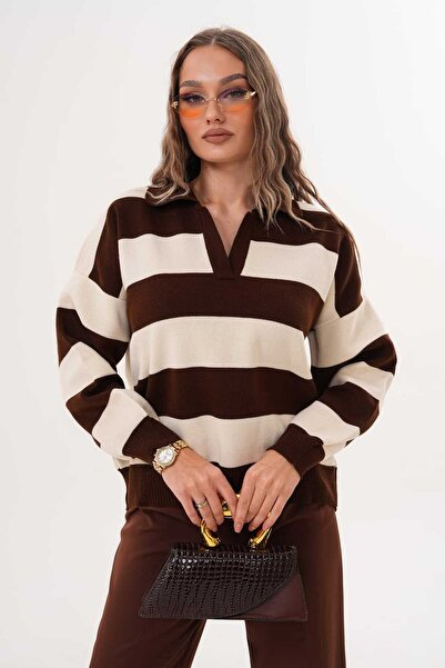 Laressi Pulover tricotat cu guler polo cu dungi late