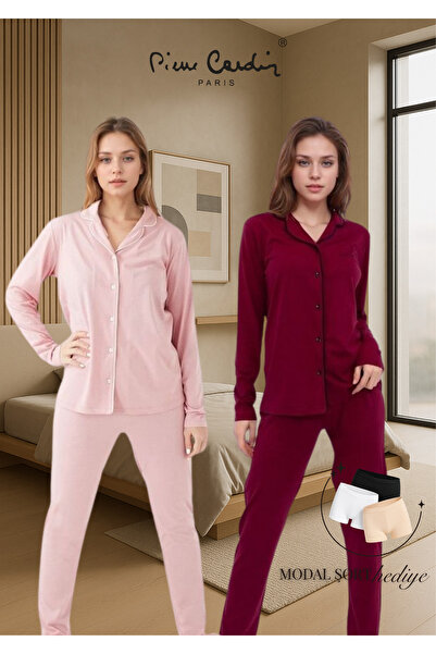 Pierre Cardin Kadın Pamuklu & Modal Kutulu 2 Adet Uzun Kol Gömlek Pijama Takımı (Modal Şort Hediyeli)