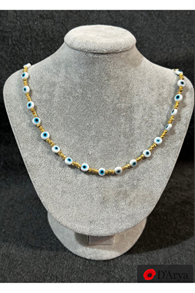 Darya Dd542 Gold Dorika Detailed White Evil Eye Beaded Necklace