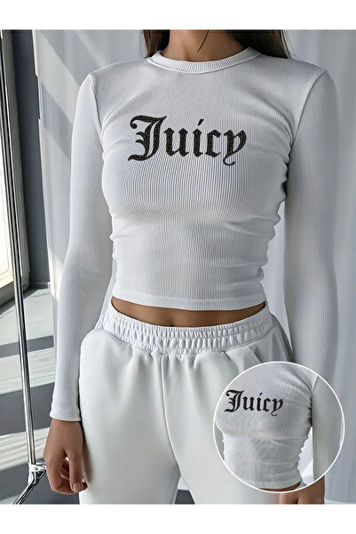 Bozz&Bozz Collection Γυναικεία μπλούζα Juicy Crystal Stone με τύπωμα με μακρύ μανίκι κοτλέ Crop