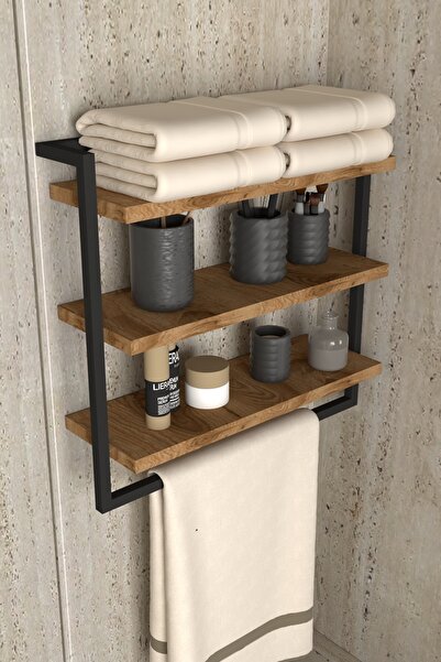 AJU Suport pentru prosoape cu 3 niveluri, bibliotecă, elegant și funcțional, din metal, din lemn, tip perete, pentru casă, baie, bucătărie, organizator, raft