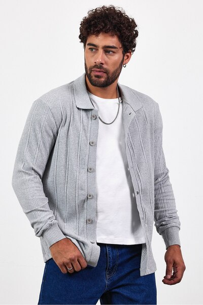 İLKCET MODA Men's Oversized Shirt Collar Cardigan