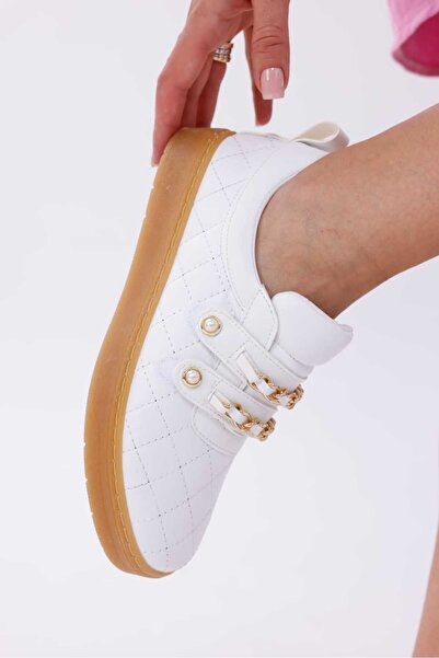 RASEAL SHOES Kadın Sneaker Rahat Altın Renkli Zincir ve İnci Detaylı Cırtlı Spor Ayakkabı Beyaz