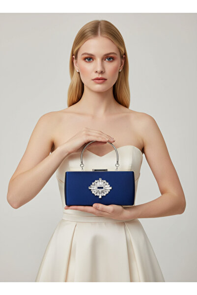 Biçanta Синя кришталева сумочка з атласу з срібними камінцями, металева ручка, елегантність