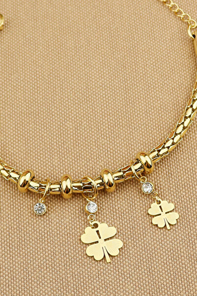 Keyifli Hayaller Çelik Bileklik - Zirkon Taşlı 4 yapraklı Yonca 316L Çelik Kararmaz Trend Çelik Bileklik 17+5 cm