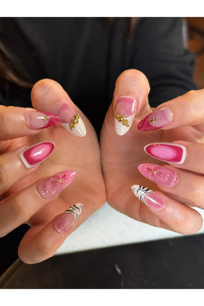 PİRAYE AKSESUAR 10'lu M BEDEN Gold Charm İşlemeli Pembe Ombreli Kabartmalı Uz...