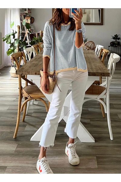 Dokotoo Loose long-sleeved blouse, white with gray stripes S