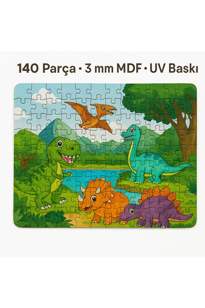 EXİN Dinozor Temalı 140 Parça Ahşap Puzzle – 3 mm MDF UV Baskı | Çocuk Eğitici Zeka Oyunu