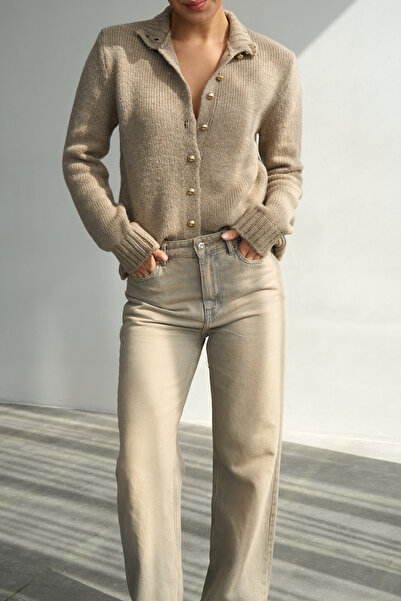 LOOSH Kadın Vizon Dik Yaka İnci Düğmeli Hırka