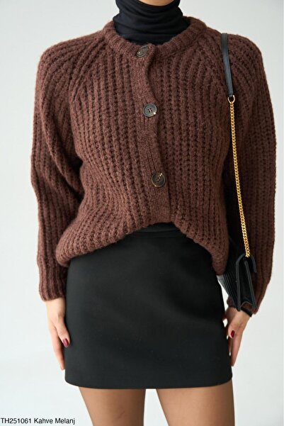 CADDELAMODA Women's Buttoned Crew Neck Thessaloniki Knit Cardigan