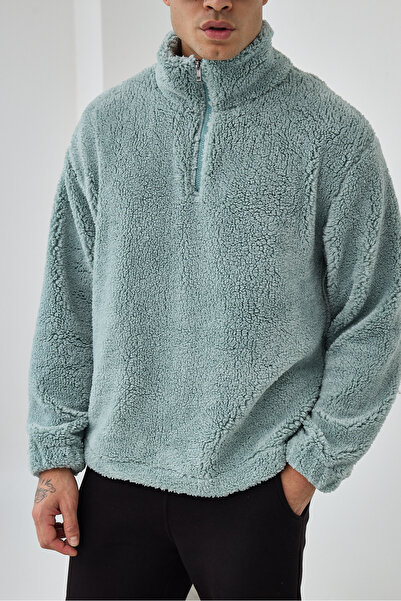 MADZEYMODA Ανδρικό φούτερ Premium ψηλός λαιμός με μισό φερμουάρ, βελούδινο μέντα LS-86081