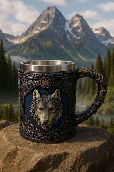 kamptek kamp teknolojisi Camping Nature Stainless Steel Large Size Wolf Design Mug with Handle