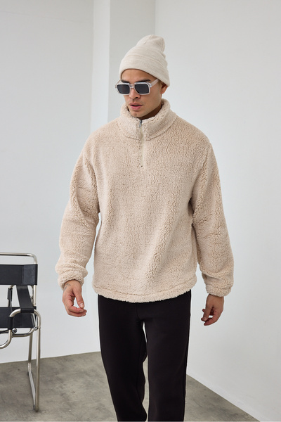 MADZEYMODA Ανδρικό φούτερ Premium ψηλός λαιμός με μισό φερμουάρ, μπεζ βελούδινο φούτερ LS-86081